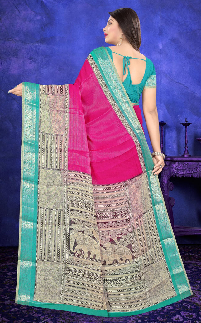 Women's Cotton Silk Plain Saree Having Contrast Weaving Zari Border with Blouse Piece, Saree