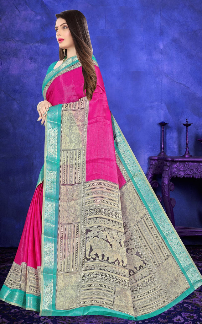 Women's Cotton Silk Plain Saree Having Contrast Weaving Zari Border with Blouse Piece, Saree