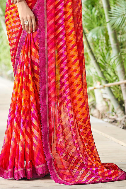 Geometric Print, Graphic Print Bollywood Chiffon, Lace Saree (Pink)