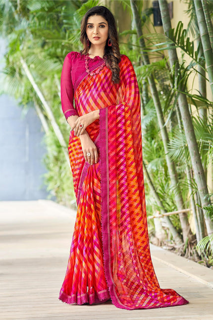 Geometric Print, Graphic Print Bollywood Chiffon, Lace Saree (Pink)