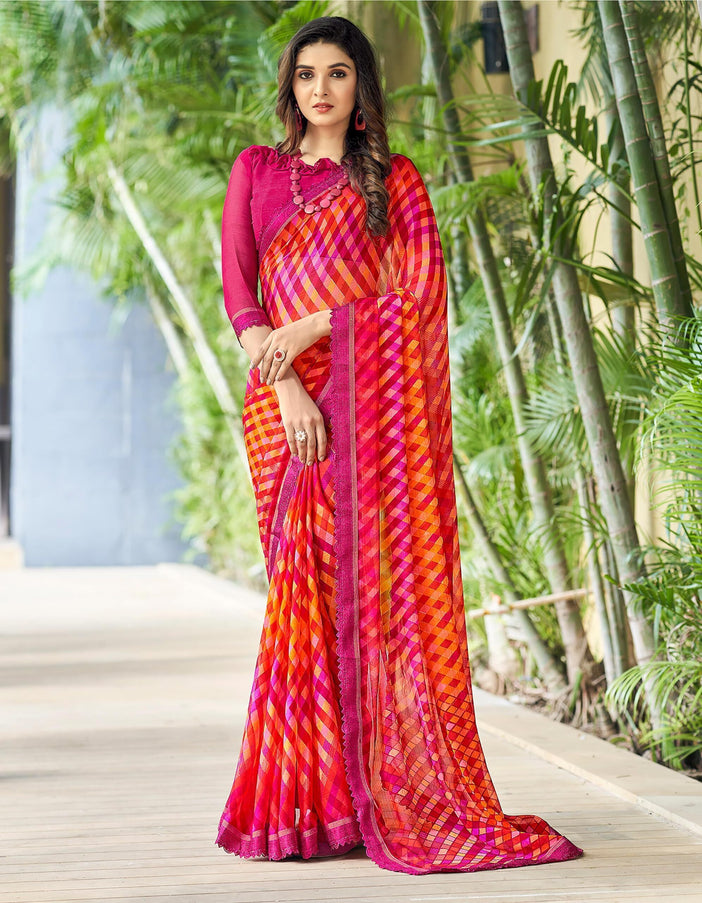 Geometric Print, Graphic Print Bollywood Chiffon, Lace Saree (Pink)