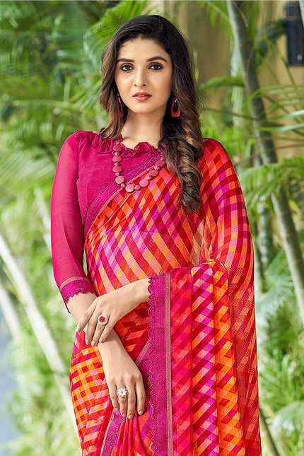 Geometric Print, Graphic Print Bollywood Chiffon, Lace Saree (Pink)