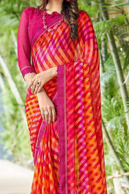 Geometric Print, Graphic Print Bollywood Chiffon, Lace Saree (Pink)