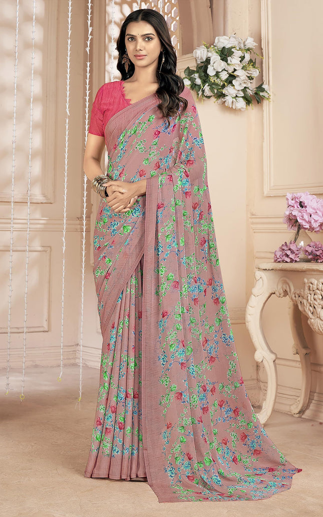 Floral Print, Graphic Print Kalamkari Chiffon, Georgette Saree (Dusky Coral)