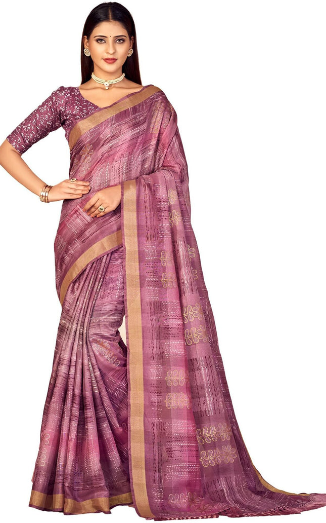 Checkered, Color Block Bollywood Chanderi, Cotton Silk Saree (Purple)
