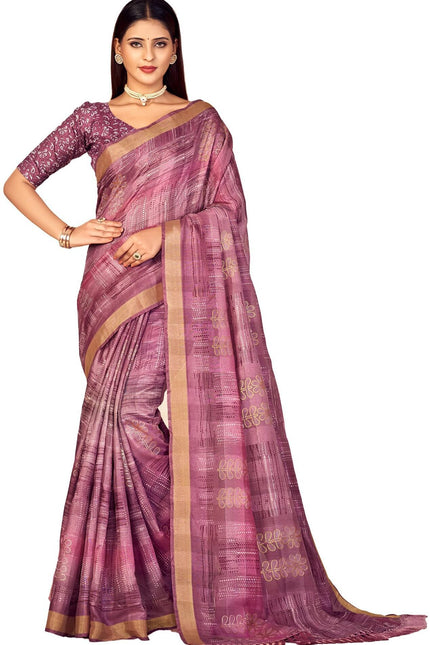 Checkered, Color Block Bollywood Chanderi, Cotton Silk Saree (Purple)