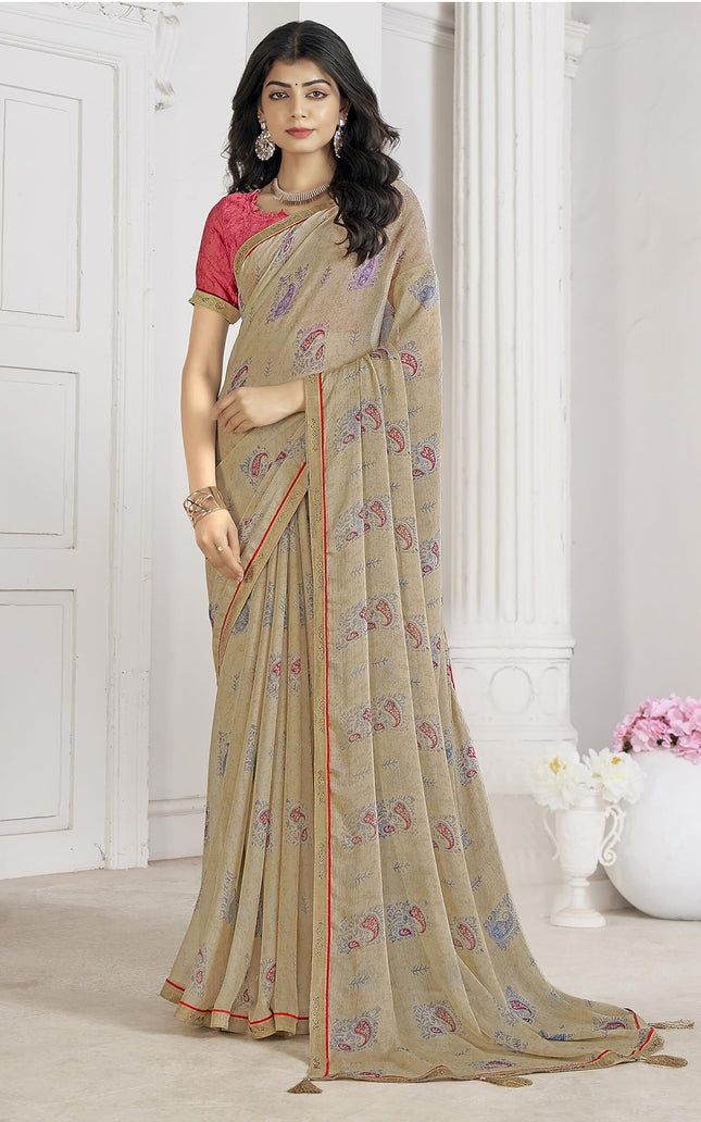Applique, Floral Print Bandhani Chiffon, Lace Saree (Cream)