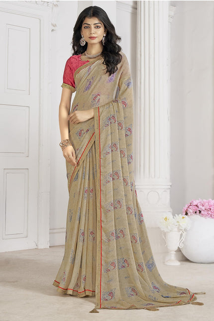 Applique, Floral Print Bandhani Chiffon, Lace Saree (Cream)