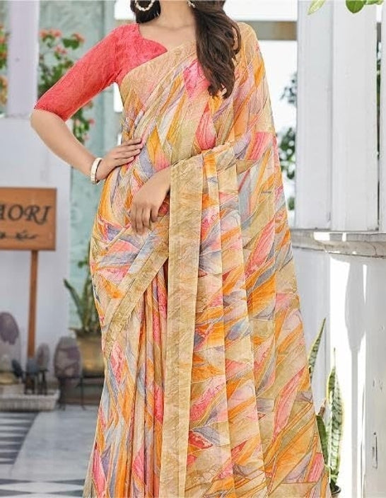 Geometric Print, Graphic Print Bollywood Chiffon, Georgette Saree (Cream)
