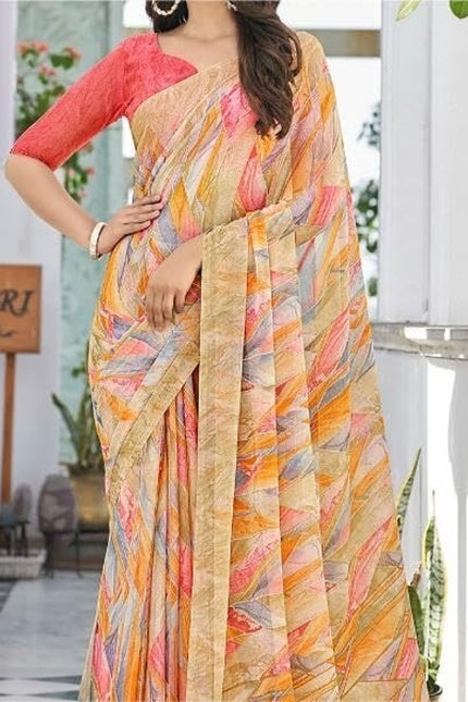 Geometric Print, Graphic Print Bollywood Chiffon, Georgette Saree (Cream)