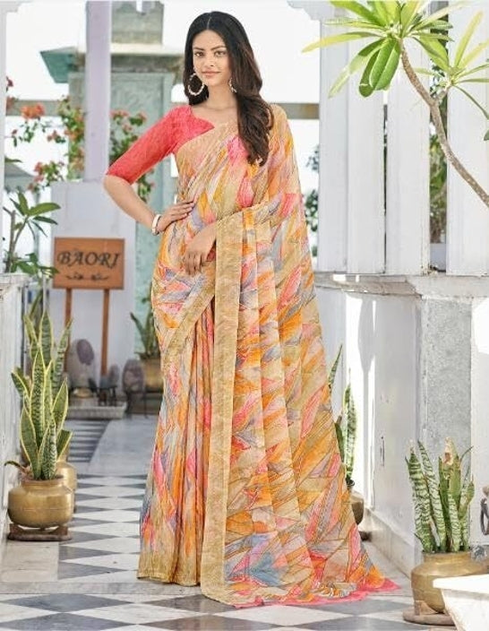Geometric Print, Graphic Print Bollywood Chiffon, Georgette Saree (Cream)