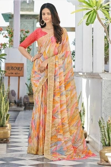 Geometric Print, Graphic Print Bollywood Chiffon, Georgette Saree (Cream)