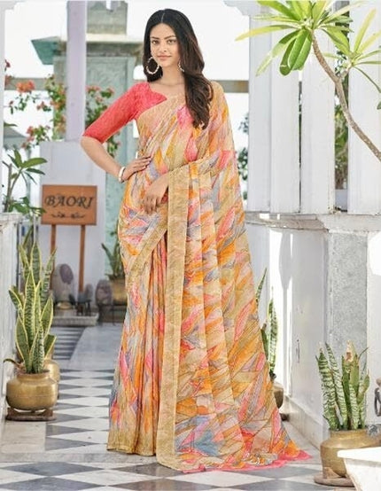 Geometric Print, Graphic Print Bollywood Chiffon, Georgette Saree (Cream)