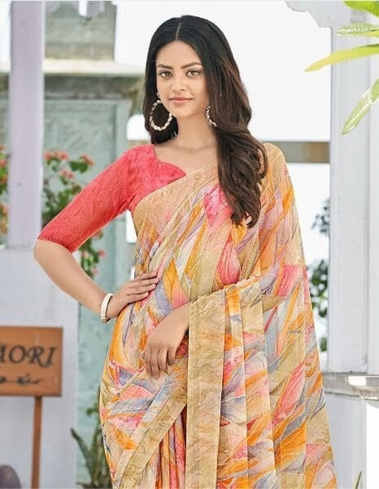 Geometric Print, Graphic Print Bollywood Chiffon, Georgette Saree (Cream)