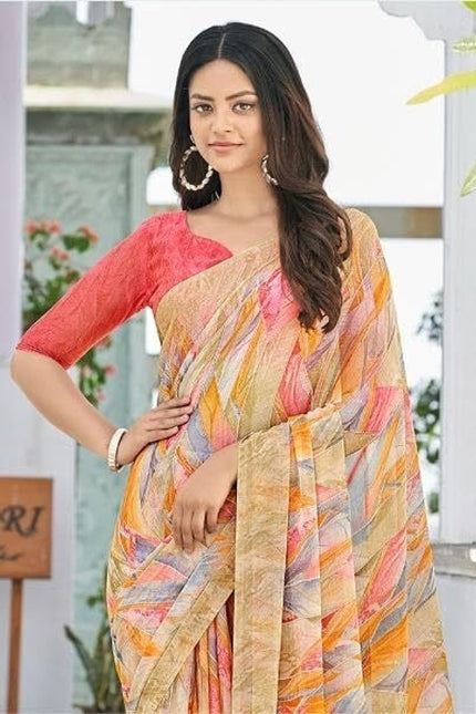 Geometric Print, Graphic Print Bollywood Chiffon, Georgette Saree (Cream)