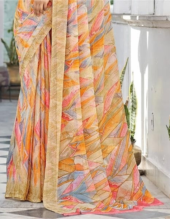 Geometric Print, Graphic Print Bollywood Chiffon, Georgette Saree (Cream)
