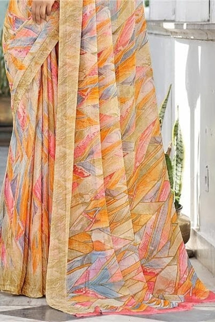 Geometric Print, Graphic Print Bollywood Chiffon, Georgette Saree (Cream)