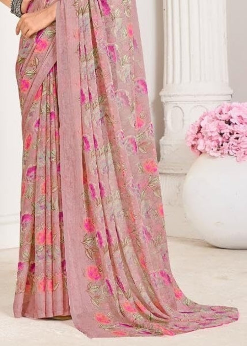 Floral Print, Graphic Print, Printed Bandhani Chiffon, Georgette Saree (Pink)