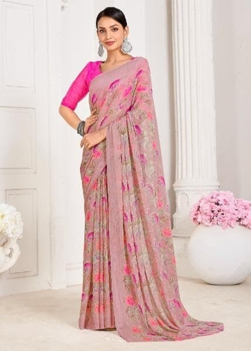 Floral Print, Graphic Print, Printed Bandhani Chiffon, Georgette Saree (Pink)