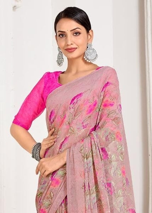 Floral Print, Graphic Print, Printed Bandhani Chiffon, Georgette Saree (Pink)