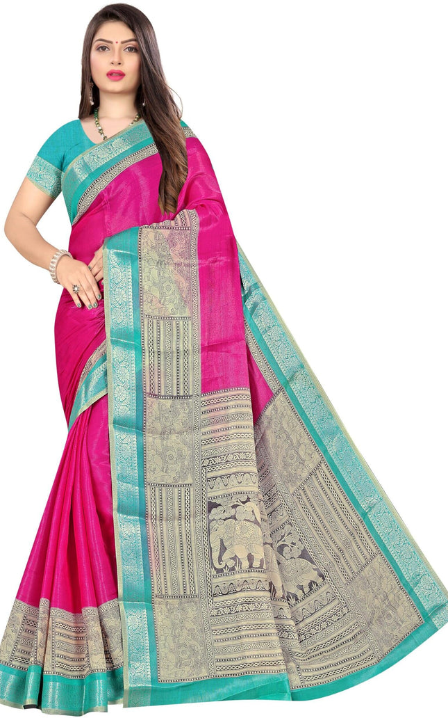 Women's Cotton Silk Plain Saree Having Contrast Weaving Zari Border with Blouse Piece, Saree