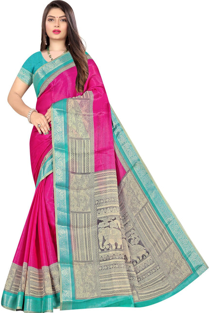 Women's Cotton Silk Plain Saree Having Contrast Weaving Zari Border with Blouse Piece, Saree