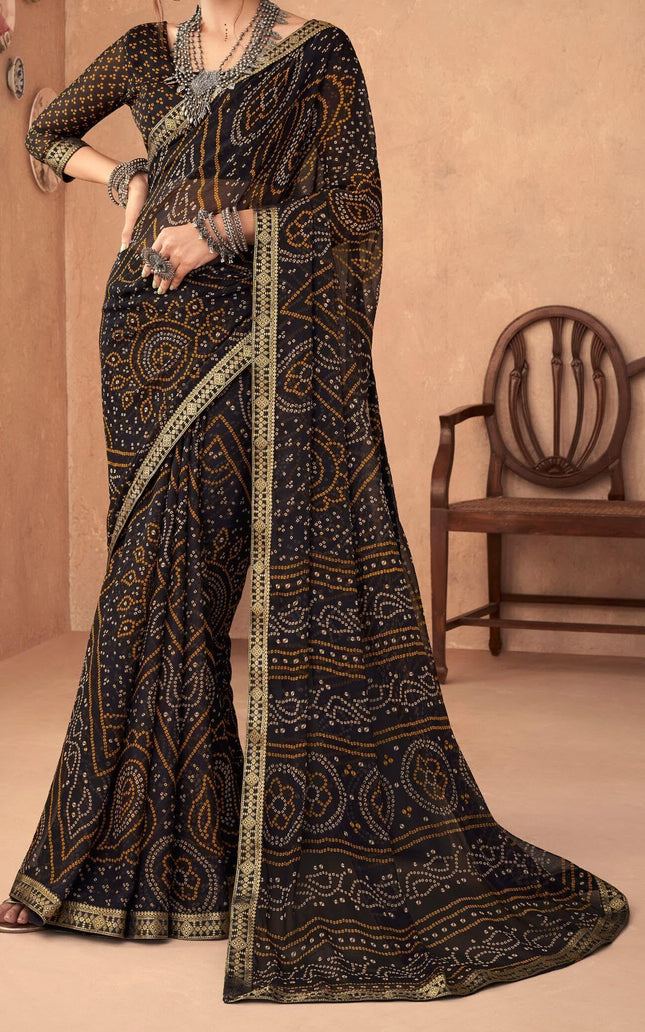 Graphic Print, Printed Bandhani Chiffon, Georgette Saree (Black)