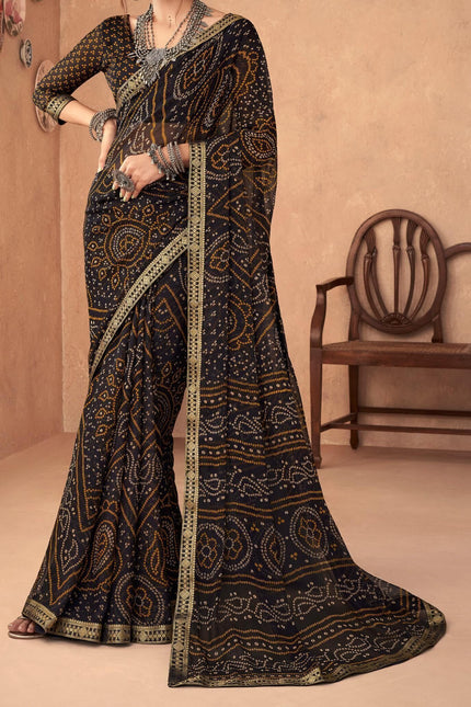 Graphic Print, Printed Bandhani Chiffon, Georgette Saree (Black)