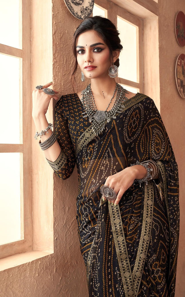 Graphic Print, Printed Bandhani Chiffon, Georgette Saree (Black)