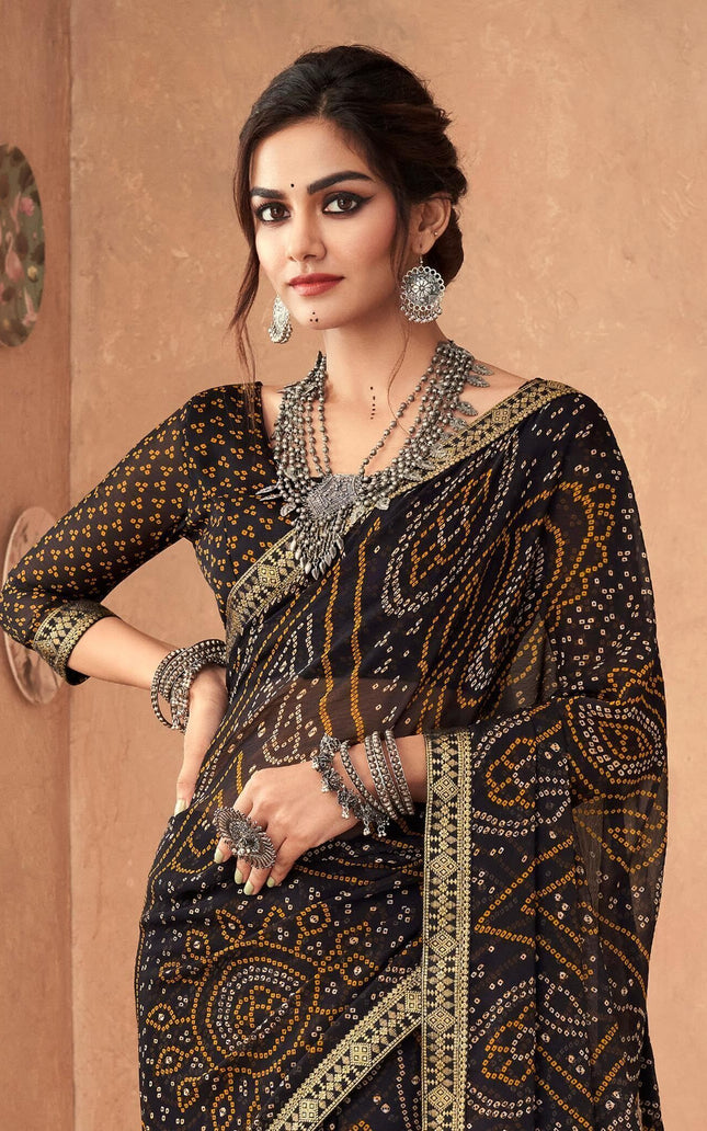 Graphic Print, Printed Bandhani Chiffon, Georgette Saree (Black)