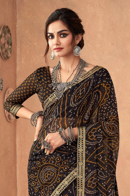 Graphic Print, Printed Bandhani Chiffon, Georgette Saree (Black)