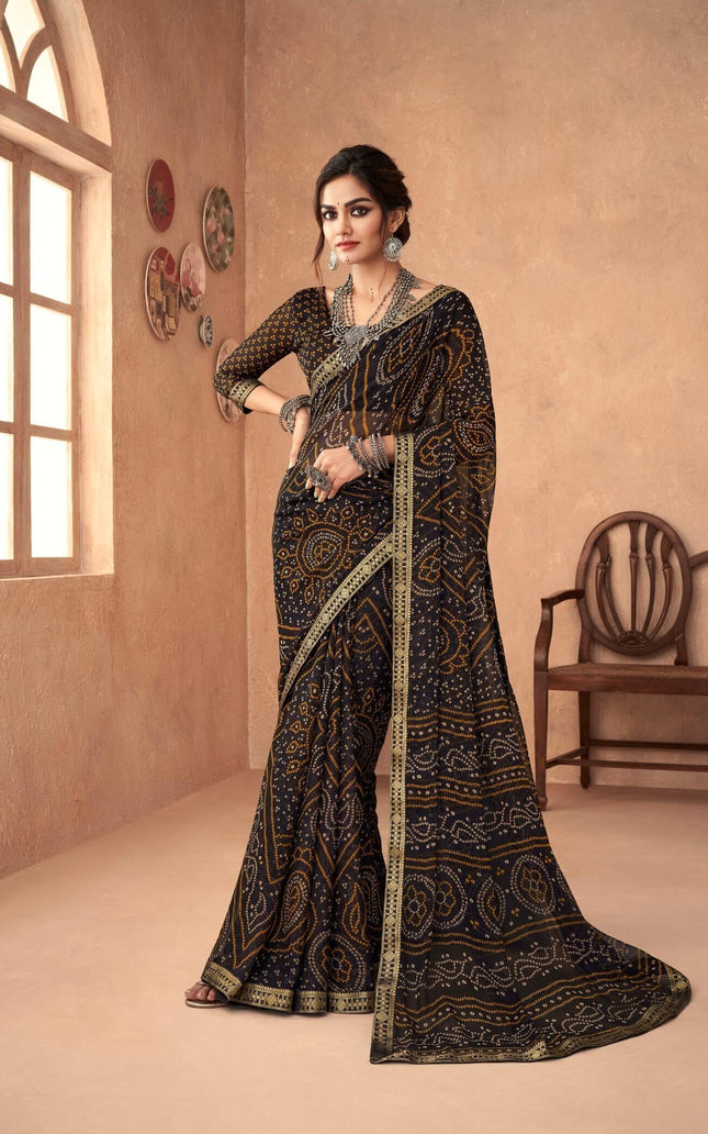Graphic Print, Printed Bandhani Chiffon, Georgette Saree (Black)