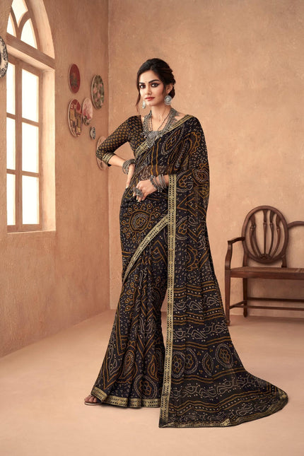 Graphic Print, Printed Bandhani Chiffon, Georgette Saree (Black)