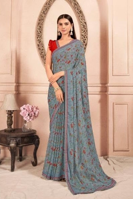 Floral Print, Graphic Print Kalamkari Chiffon, Lace Saree (Teal Grey)