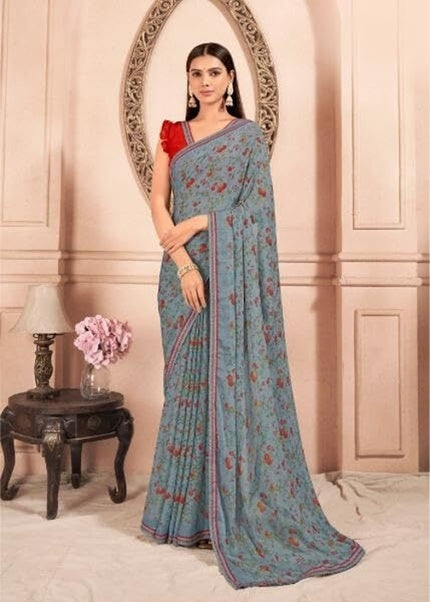 Floral Print, Graphic Print Kalamkari Chiffon, Lace Saree (Teal Grey)