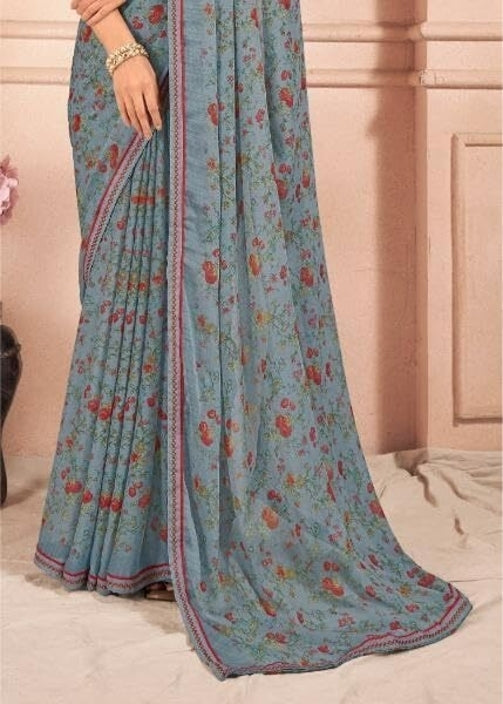 Floral Print, Graphic Print Kalamkari Chiffon, Lace Saree (Teal Grey)