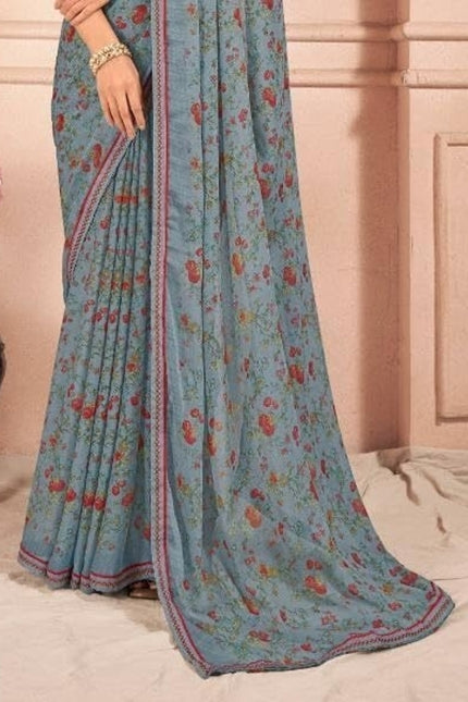 Floral Print, Graphic Print Kalamkari Chiffon, Lace Saree (Teal Grey)