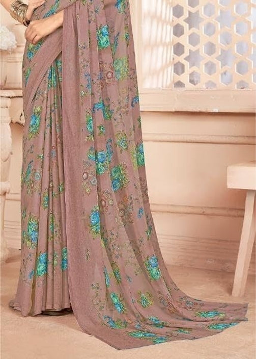 Floral Print, Graphic Print Kalamkari Chiffon, Georgette Saree (Roase Taupe)