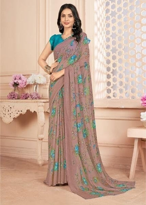 Floral Print, Graphic Print Kalamkari Chiffon, Georgette Saree (Roase Taupe)