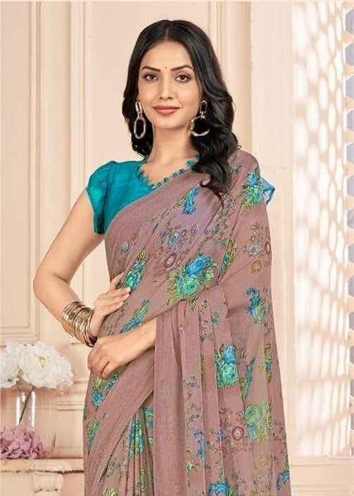 Floral Print, Graphic Print Kalamkari Chiffon, Georgette Saree (Roase Taupe)
