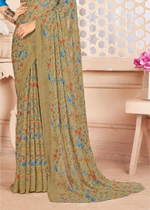 Floral Print, Graphic Print Kalamkari Chiffon, Georgette Saree (Brown Khakhi)