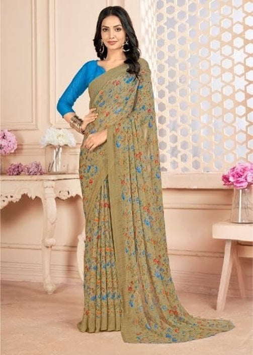 Floral Print, Graphic Print Kalamkari Chiffon, Georgette Saree (Brown Khakhi)