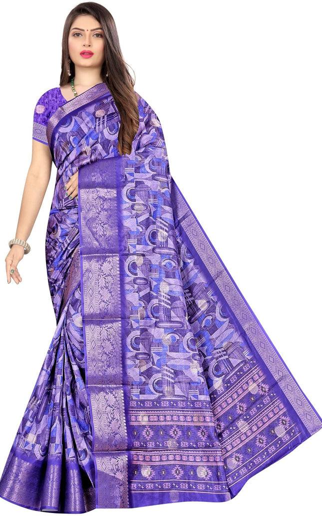 Women's Art Silk Block Digital Print Saree (Blue)
