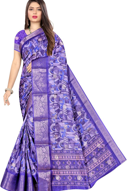 Women's Art Silk Block Digital Print Saree (Blue)