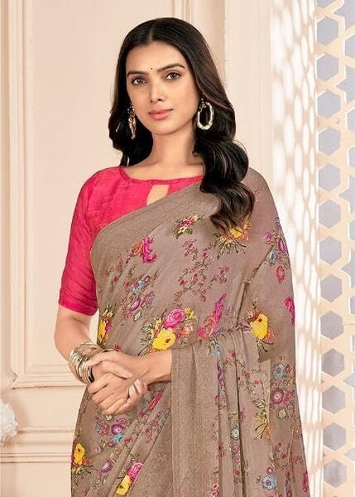Floral Print, Graphic Print Kalamkari Chiffon, Georgette Saree (Brown)