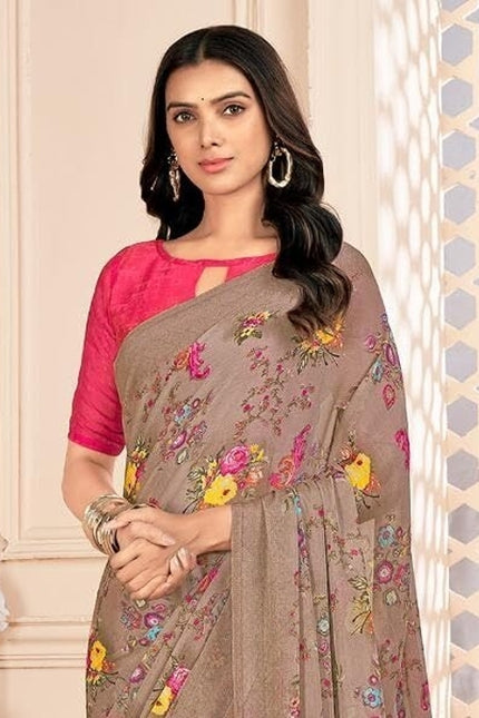 Floral Print, Graphic Print Kalamkari Chiffon, Georgette Saree (Brown)