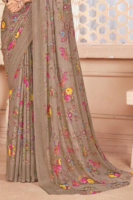 Floral Print, Graphic Print Kalamkari Chiffon, Georgette Saree (Brown)