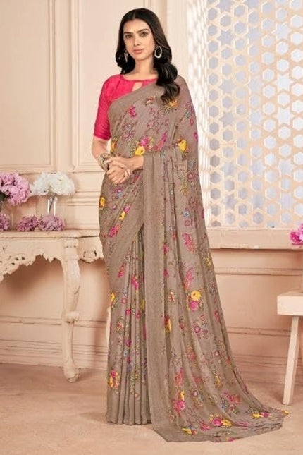 Floral Print, Graphic Print Kalamkari Chiffon, Georgette Saree (Brown)
