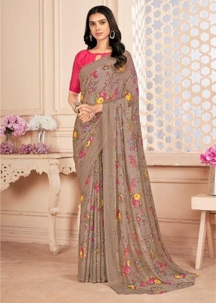 Floral Print, Graphic Print Kalamkari Chiffon, Georgette Saree (Brown)
