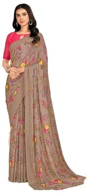 Floral Print, Graphic Print Kalamkari Chiffon, Georgette Saree (Brown)